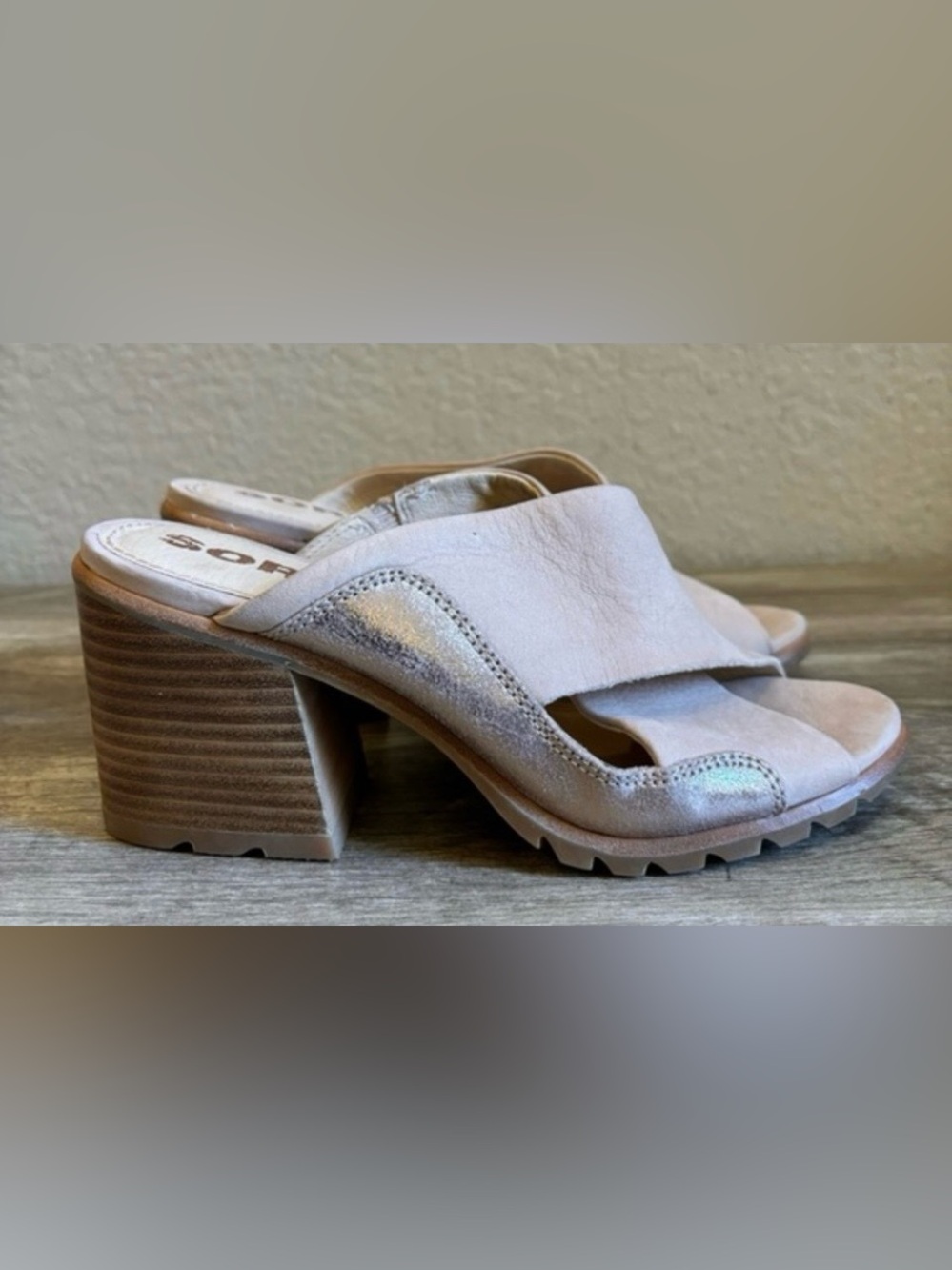 Sorel Nadia Heeled Mule Beige Leather Sandals Womens 7